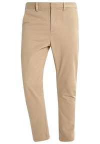 Beige slim-fit trousers made of cotton blend fabric, featuring a smooth texture, straight legs, and a standard waistband with belt loops.