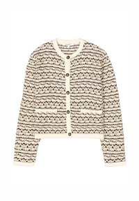 Strickjacke in Elfenbein mit horizontalen schwarzen Streifen. Die Vorderseite hat einen Knopfverschluss und zwei Taschen, die durchgehend mit strukturierten Mustern versehen sind.