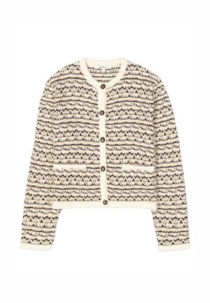Gebreide cardigan in ivoorkleur met horizontale zwarte strepen. De voorkant heeft een knoopsluiting en twee zakken, met textuurpatronen door het geheel.