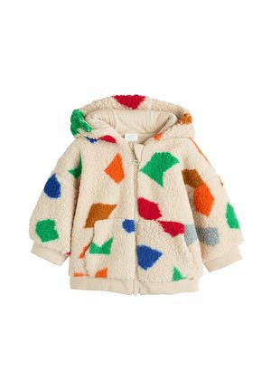 Karmelowy hoodie wykonany z teksturowanej tkaniny, ozdobiony wielokolorowymi abstrakcyjnymi kształtami w kolorach zielonym, pomarańczowym, czerwonym, niebieskim i brązowym. Zamek z przodu.