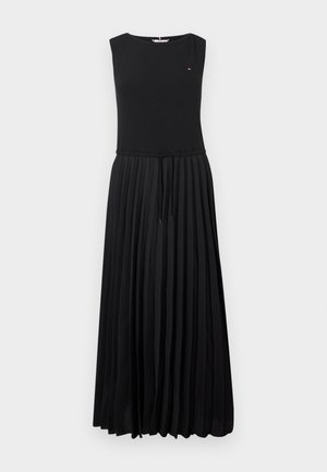 Black pleated maxi dress with a fitted sleeveless bodice and drawstring waist. Made of soft fabric with a smooth texture, minimal branding visible.