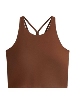 Hnedý bezrukávový crop top s dvoma tenkými ramienkami vytvárajúcimi tvar V na chrbte, vyrobený z hladkej látky.