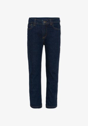 Jeans in denim blu scuro con design a gamba dritta, dotati di chiusura con bottoni, passanti per cintura e classica configurazione a cinque tasche.