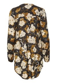 Chemise à manches longues avec fond noir présentant un grand imprimé floral beige et marron, coupe décontractée et ourlet arrondi.