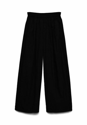 Pantaloni neri a gamba larga con cintura elastica e pieghe, realizzati in tessuto leggero.