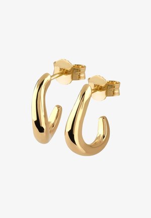 Cercei în formă de inel de culoare aurie, cu un design neted și curbat. Prezintă o finisare strălucitoare și un sistem de prindere sigur cu tijă. Dimensiunile nu sunt specificate.