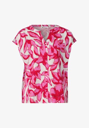 Skjortebluse med kortærmede og pink og rød abstrakt blomstermønster på hvid baggrund.