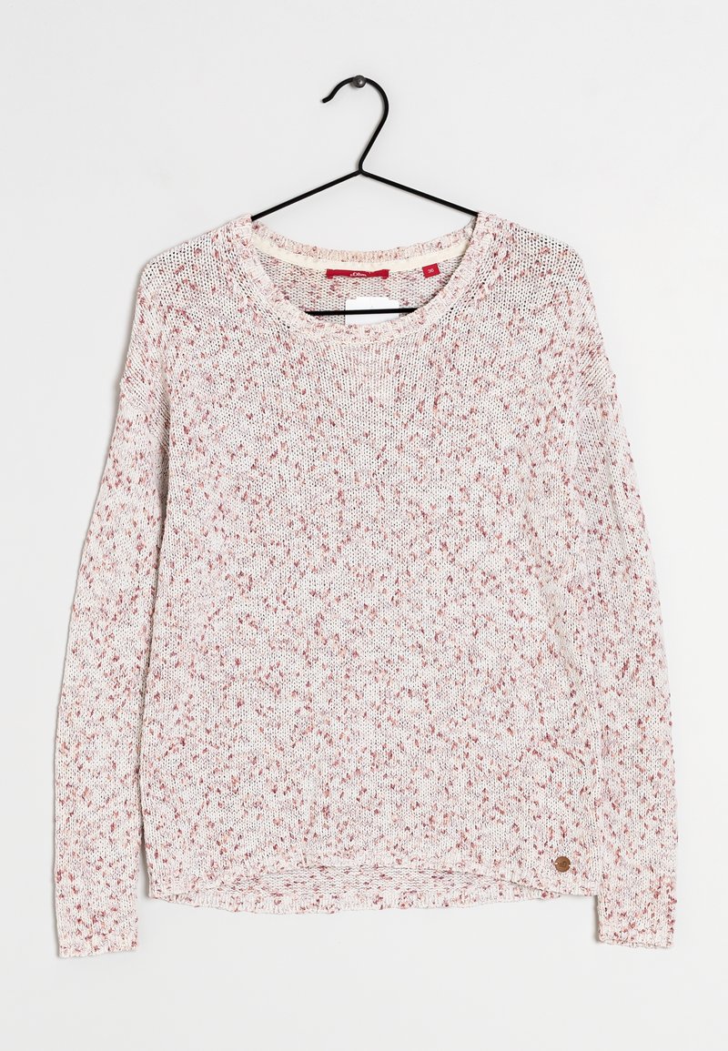 Pull long à manches longues, ample et texturé en crème clair avec des taches roses. Présente un col rond et un ourlet côtelé.