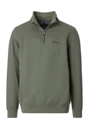 Herren-Pullover-Sweatshirt in Olivgrün, mit Kragen mit halbem Reißverschluss, strukturiertem Stoff, kontrastierender Panele und kleinem Logo auf der Brust.