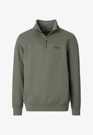 Herren-Pullover-Sweatshirt in Olivgrün, mit Kragen mit halbem Reißverschluss, strukturiertem Stoff, kontrastierender Panele und kleinem Logo auf der Brust.