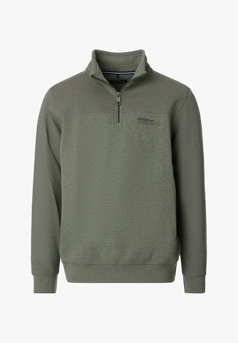 Men's pullover sweatshirt in olive green, featuring a half-zip collar, textured fabric, contrasting panel, and a small logo on the chest.