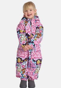 Spalvingas vaikų žiemos kostiumas, kuriame vaizduojami linksmieji animacinių filmų personažai ir raštai rožinėje ir violetinėje spalvose. Include kepuraitė ir elastinės rankogaliai patogiam pritaikymui.