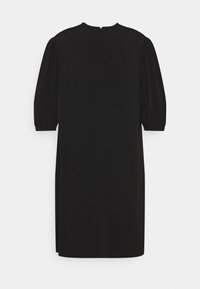 Robe noire à coupe ample, col rond et manches bouffantes. Présente une fermeture dos en forme de goutte et un tissu lisse et texturé.