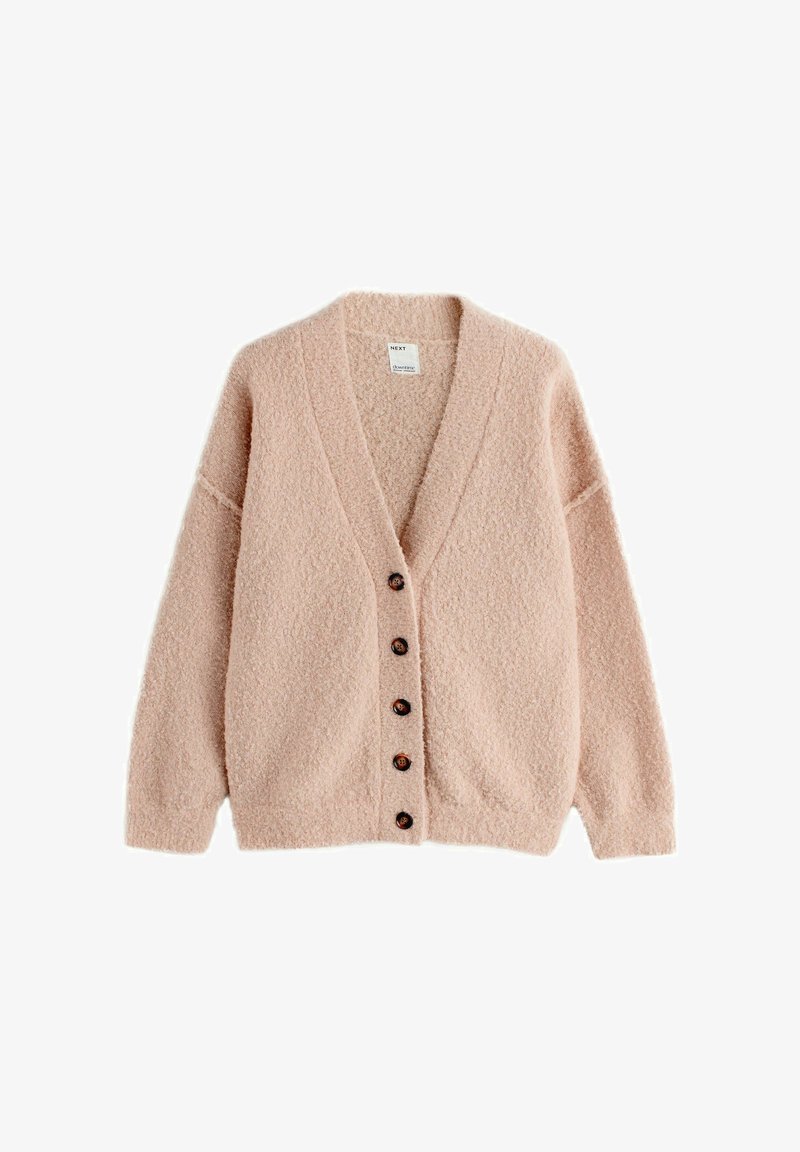 Lys pink fluffy cardigan med en dyb V-hals, fem brune knapper foran og lange ærmer med en løs pasform.