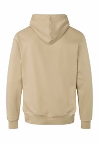 Beige kapucnis pulóver, állítható kapucnival, hosszú ujjal és bordázott aljjal. Puha anyagból készült, sima textúrával és minimalista dizájnnal.