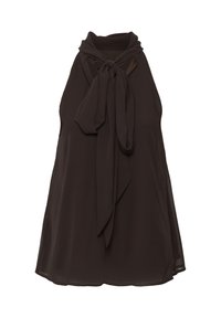 Robe noire sans manches avec un col montant et un long nœud noué à l'avant.