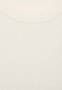 Ribbed knit sweater in off-white, featuring a round neckline and soft texture. The fabric has a fine, consistent pattern throughout.