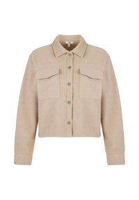 Beige cropped jacket made from soft fabric, featuring a shirt collar, two front pockets, and silver snap buttons. Smooth texture.