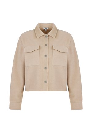 Beige cropped jacket made from soft fabric, featuring a shirt collar, two front pockets, and silver snap buttons. Smooth texture.