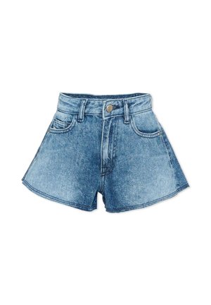 Shorts di jeans blu a vita alta con bottone frontale, cerniera, passanti per cintura e due tasche frontali, mostrati su uno sfondo bianco.