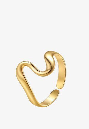 Gouden metalen ring met een golvende, open ontwerp. De gladde oppervlakte, gepolijste afwerking en asymmetrische vorm creëren een modern esthetiek.