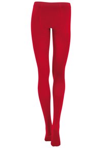 Calze a rete rosse con una consistenza liscia, design opaco e vestibilità aderente. La vita si adagia comodamente sulla zona del punto vita senza ulteriori dettagli decorativi.