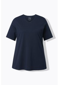 Laivastonsininen lyhythihainen t-paita pehmeästä kankaasta, jossa on V-kaula-aukko ja rento istuvuus. Yksinkertainen muotoilu ilman merkittäviä kuvioita tai yksityiskohtia.