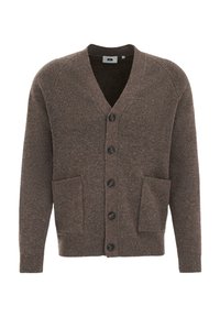 Rjav cardigan iz mešanice volne z V-izrezom, šestimi gumbi in dvema sprednjima žepoma; rebrasti manšeti in rob; subtilna struktura z večbarvnimi fleki.