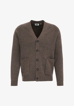 Cardigan de mezcla de lana marrón con escote en V, seis botones y dos bolsillos frontales; puños y dobladillo acanalados; textura sutil con motas multicolores.