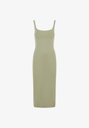 Abito midi elegante senza maniche in verde oliva tenue, realizzato in un morbido tessuto elasticizzato con una silhouette aderente e un orlo dritto.