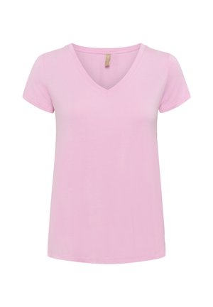 Rózsaszín, rövid ujjú, V-nyakú póló, amely puha anyagból készült. Egyenes szegéllyel, minta vagy díszítés nélkül. Egyszerű és klasszikus dizájn.