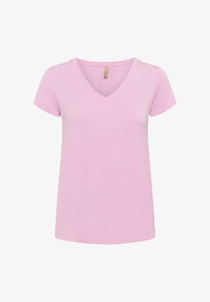 Ružičasta majica s kratkim rukavima i V-izrezom od mekog materijala. Ravni rub bez uzoraka ili naglaska. Jednostavan i klasičan dizajn.