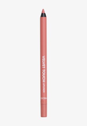 Pink lip liner pencil with a sleek design. Matte finish, rounded tip, and embossed "VELVET TOUCH" label. Textured, colored body.