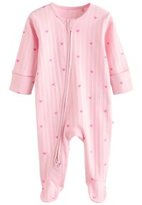 Pink ribbed baby onesie featuring a front zipper, long sleeves, and small heart patterns in pink. Footed design with rounded cuffs.