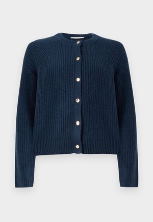 Navy blue cardigan made of textured fabric, featuring a round neckline and gold buttons down the front. Full-length sleeves.