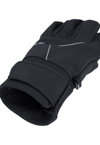 Guanti neri realizzati in materiale sintetico, con una superficie texture, punte delle dita curve e una chiusura al polso con cinturino. Inclusi dettagli riflettenti.