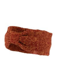 Gebreide haarband in rood-oranje tinten, met een gedraaide voorkant en een textuurafwerking. Inclusief een klein merklabel.