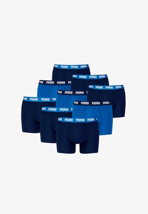 Puma Herren-Boxershorts in Marine- und Blautönen. Verfügen über einen elastischen Bund mit "PUMA"-Logo. Acht Paare mit unterschiedlichen Farbtönen und Passformen.