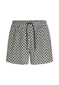 Must-valged ruudulised lühikesed püksid, kummist vöökohaga ja musta paelaga, millel on hajutatud tekstimuster.