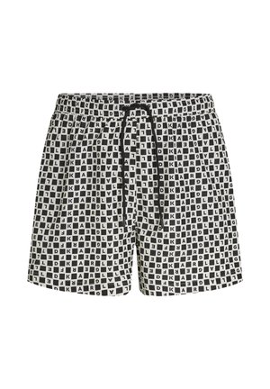 Zwart-wit geruite korte broek met een elastische tailleband en een zwart trekkoord, voorzien van een verspreid tekstpatroon.