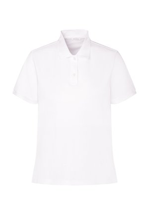 Hvid kortærmet poloshirt med krave og to-knaps lukning, vist på en ensfarvet hvid baggrund.