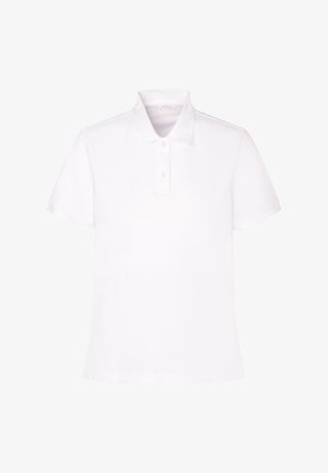 Weißes Polohemd mit kurzen Ärmeln, Kragen und zweiknöpfiger Blende, auf einem schlichten weißen Hintergrund präsentiert.