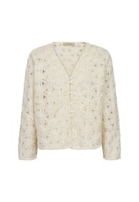 Kremkrāsas garajām piedurkn�ēm blūze ar V veida kakla izgriezumu, priekšējām pērlēm pogām un teksturētu ziedu mežģīņu rakstu visā audumā.