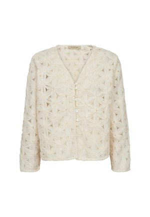 Kremasta bluzica dugih rukava s V-izrezom, prednjim detaljima od bisernih dugmadi i teksturiranim cvjetnim čipkastim uzorkom kroz cijelo platno.