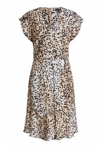 Leopardenmuster-Kleid in Beige und Schwarz, mit kurzen, flatternden Ärmeln, V-Ausschnitt und einer taillierten Taille, die am Saum ausstellt. Leichter Stoff.
