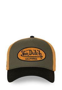 Cappello di tessuto verde con pannelli in rete arancione, visiera nera e un logo ovale ricamato che recita "Von Dutch CALIFORNIA."