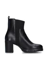 Stivali alla caviglia in pelle nera con tacco spesso, pannelli laterali elastici, texture liscia e linguetta per una facile calzata.