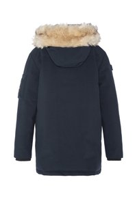 Parka blu navy con cappuccio rifinito in pelliccia sintetica, maniche lunghe, tasca posteriore e trama uniforme.