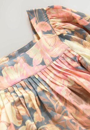 Floral dress with a blue-gray background, featuring pink and yellow flowers. Gathered neckline, pleated detail, and smooth fabric texture.