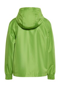 Grøn letvægtsjakke med hætte, der har lange ærmer med elastiske manchetter, en glat tekstur og et enkelt, uprydet design.